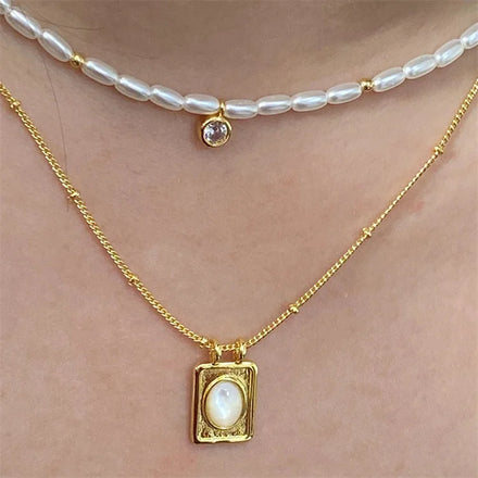 Retro Female Gold Plated Necklace Cz Zircon Pendant Pearl Chain Necklaces for Women