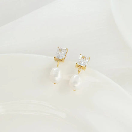 Fashion Jewelry Trendy 14K Gold Plated Stainless Steel Women Simple Pearl Crystal Rhinestone Wedding Party Earrings
