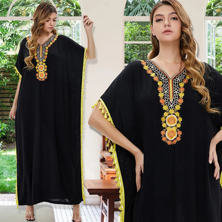 Dubai Middle East Arabia Women's Casual Kaftan Lightweight Oversized Turkish Maxi Dress Beach Cover-Up Traditional Muslim