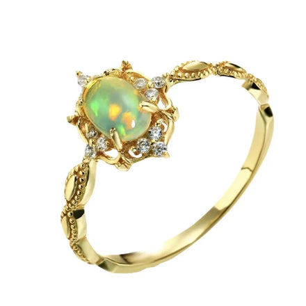 Aimgal Women's Vintage African Natural Opal Geometric Stackable Ring14K Gold-Plated S925 Silver 5A Zircon Fine Jewelry