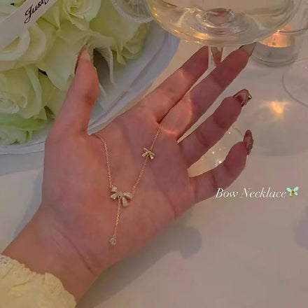 2023 New Korean Fashion Minimalism Exquisite Thin Chain Choker Bow Zircon Necklace for Women Girls Students Gift