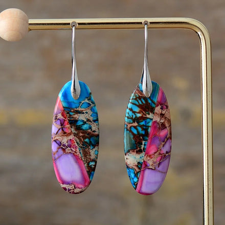 Colorful Natural Sea Sediment Jasper Huggie Earrings Chunky Brass Gem Stone Jewellery Peace-shaped Pattern for Women's Weddings