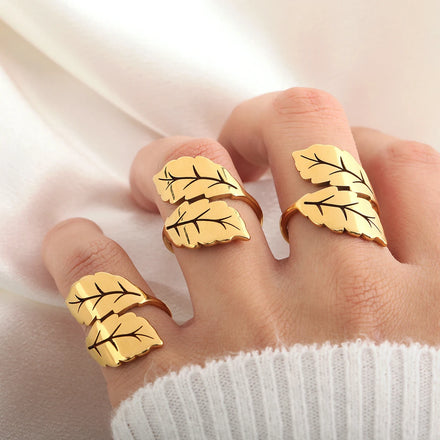 Delicate 18K Gold Plated Minimalist DelicateJewelry Hypoallergenic INS Elegant Stainless Steel Leaf Finger Rings for Women