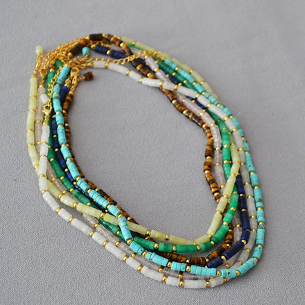 Bohemia Colorful Gemstone Beaded Necklace Simple Brass Malachite Jade Turquoise Tiger's Eye Beads Necklace for Women