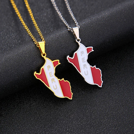 Enameled Peru Map Chain Necklaces Stainless Steel 18K Gold Plated Enamel Peru National Flag Map Pendant Necklace