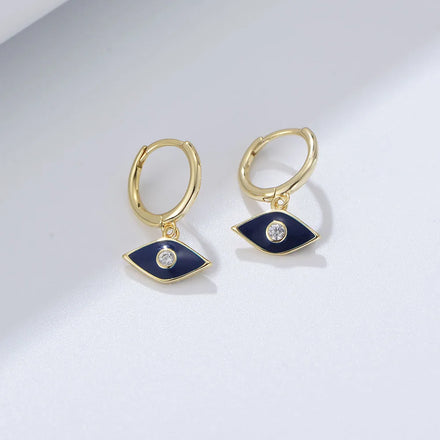 Western Vintage Enamel Eye Drop Psj 925 Sterling Silver 14k Gold Plated CZ Cubic Zirconia Huggies Earrings