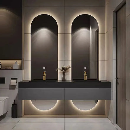 Modern Style Artificial Stone Top Hotel Luxury Solid Wood Wall Mount Black Smart Mirror Eco-Friendly Bathroom Cabinet Vanity Set