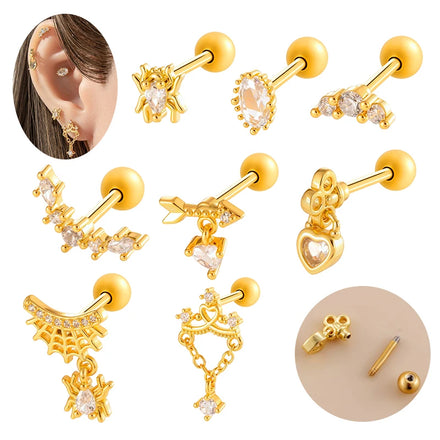 Hengsen Stainless Steel Cartilage Earrings CZ Stone Heart Dangle Earlobe Studs Externally Thread Tragus Earring Piercing Jewelry