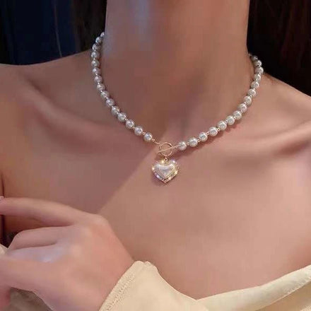 High Quality 40cm Long Mabei Style OT Clavicle Chain Necklace for Women Natural 7-8mm Freshwater Pearls Love Imitation
