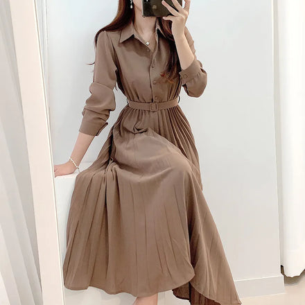 S-XL Autumn Elegant Single Breasted Polo Collar Shirt Dress High Waist Waist Mid Length Pleated Dress