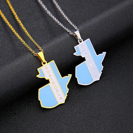 Enameled Guatemala Map Chain Necklaces Stainless Steel 18K Gold Plated Enamel Guatemala National Flag Map Pendant Necklace