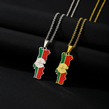 Enameled Portugal Map Chain Necklace Portuguese Stainless Steel 18K Gold Plated Enamel Portugal National Flag Pendant Necklace