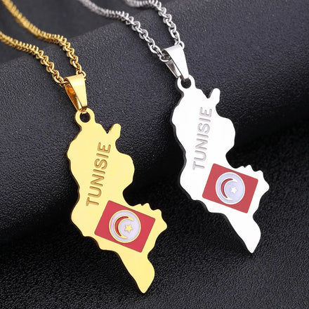 Enameled Tunisia Map Chain Necklaces Stainless Steel 18K Gold Plated Enamel Tunisian National Flag Map Pendant Necklace