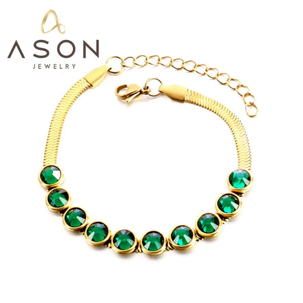 Ason Simple Gold Plated Bracelet Women Stainless Steel Jewelry Green Zircon Bracelets Bangles Snake Chain Bracelet