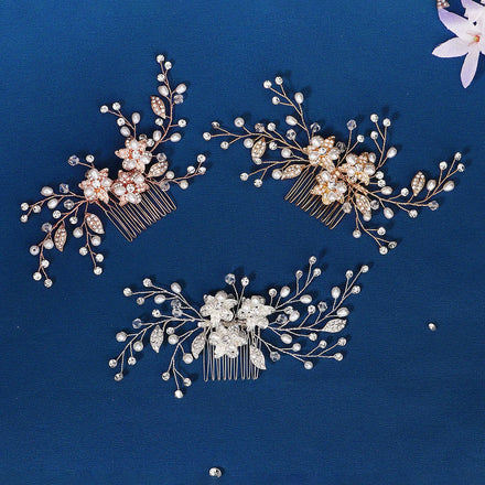 Handmade Rhinestone Crystal Alloy Leaf Flower Wedding Pearl Hair Comb Bridal Headpiece Hair Accessories Women Jewelry