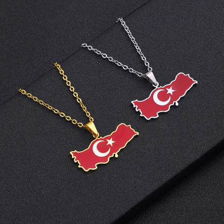 Enameled Turkey Map Chain Necklace Turks Stainless Steel 18K Gold Plated Enamel Turkish National Flag Map Pendant Necklace