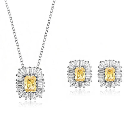 925 Sterling Silver Zircon Square Baguette Crystal Wedding Necklace & Earrings Two Piece Jewelry Set