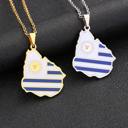 Enameled Uruguay Map Chain Necklaces Stainless Steel 18K Gold Plated Enamel Uruguay National Flag Map Pendant Necklace