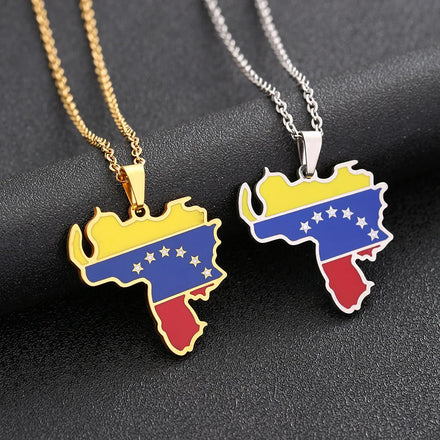 18K Gold Plated Stainless Steel Link Chain Pendant Necklace Enameled Venezuela National Flag and Map Necklace for Weddings