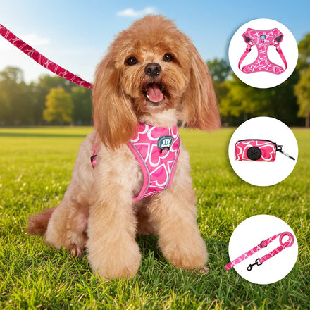 MIDEPET Cute Pink Heart Design Dog Harness Leash Set Reflective Made Polyester Nylon Valentine's Day Gift for Pets OEM/ODM