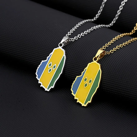 Saint Vincent Grenadines National Flag Map Pendant Necklace 18K Gold & Stainless Steel Link Chain for Anniversary