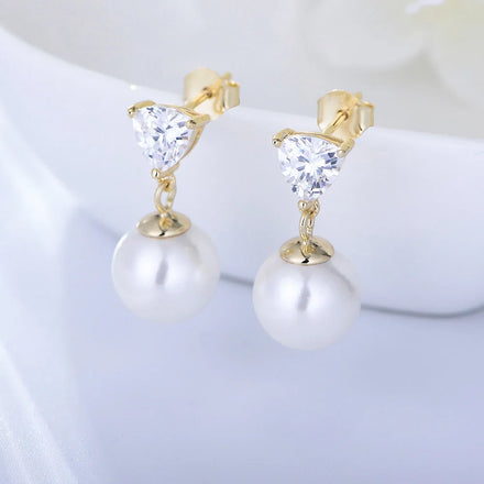 Simple Minimalist Single Shell Pearl Psj S925 Sterling Silver 14k Gold Plated Cubic Zircon Trillion Drop Down Earrings for Women