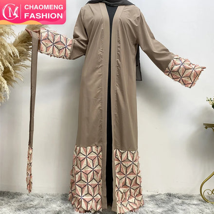 1765# Luxury Floral Applique Front Open Abaya Islamic Dubai Long Sleeve Cardigan with Matching Belt 2 Colors