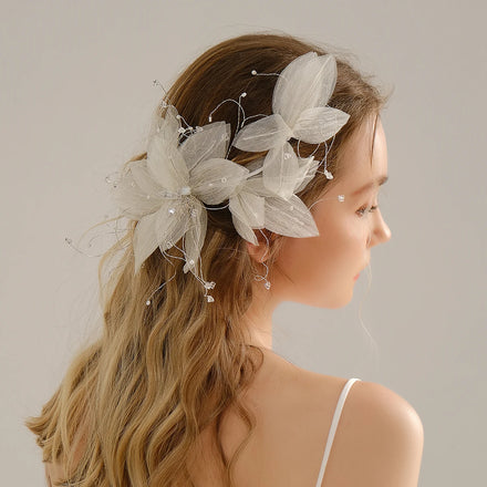 Miallo Handmade Girls Women White Flower Hair Vine with Elastic Band Crystal Copper Wire Bridal Wedding Headpiece