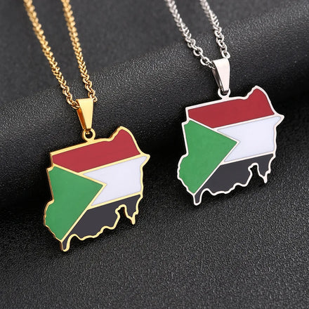 Enameled Republic of the Sudan Map Chain Necklaces Stainless Steel 18K Gold Plated Enamel National Flag Map Pendant Necklace