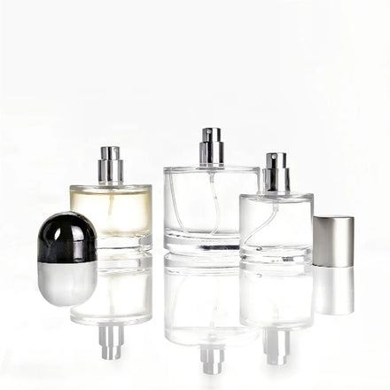 Custom Luxury Clear Cylindrical Perfume Glass Bottle 30ml 50ml 100ml Screen Printing Pump Sprayer for Skin Care Serum