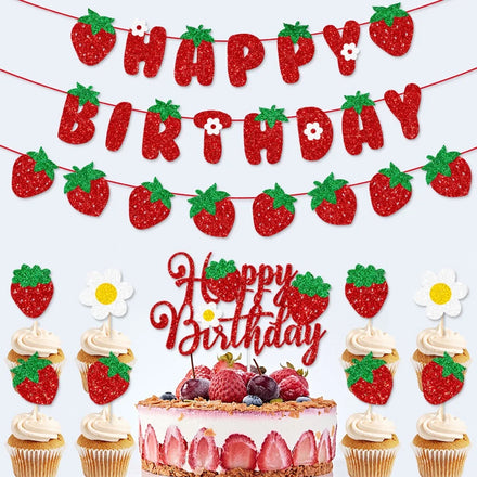 Strawberry Theme Happy Birthday Banner Garland Cake Topper Strawberry Happy Birthday Decoration Set
