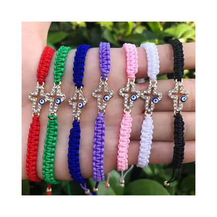 Gold Plated Tin Alloy Colorful Handmade Unisex Adjustable Bracelet Rope String Pendant Cross Evil Eye Design for Good Luck