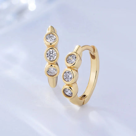 Minimalist Three Stone Jewelry Psj 925 Sterling Silver 14k Gold Plated Bling Cubic Zircon Hoop Huggies Earrings for Women