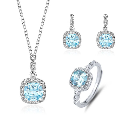 Exquisite 925 Sterling Silver Heart of the Sea Blue Gem Necklace Earrings Ring Sets Women Fashion CZ Diamond Jewelry Set