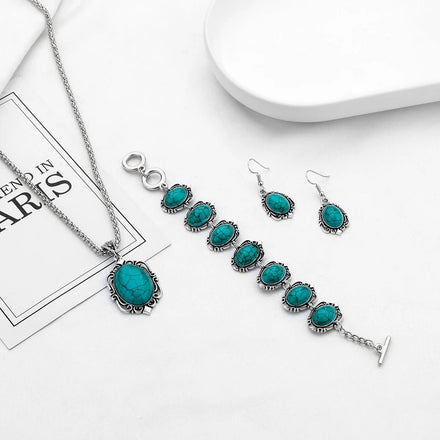 Hot Sale New Ethnic Turquoise Necklace Bracelet Earrings Set Fashion Flower Pendant Three-piece Set Jewelry for Women Girls