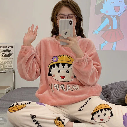 Women's Cartoon Letter Printing Coral Velvet Housewear Cute Round Neck Pajama Suit