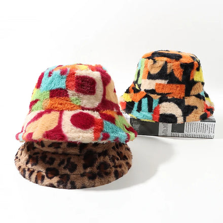 Winter Fluffy Fuzzy Bucket Hat Ladies Leopard & Color Block Print Soft Plush Streetwear Fisherman Cap