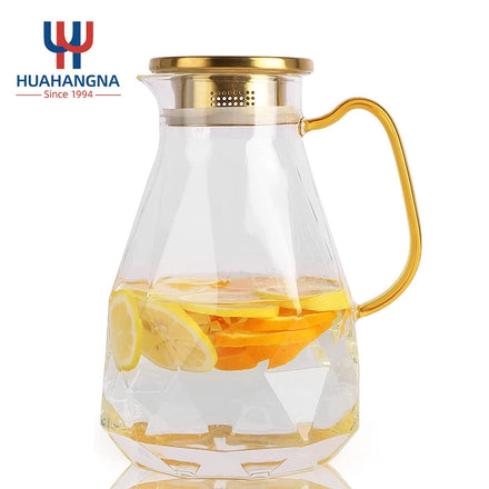 Water Carafe with Handle 1500ml 50oz Elegant Heat Resistant Borosilicate Diamond Design Water Pitcher with Handle and Lid
