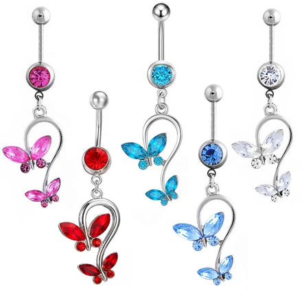 Stainless Steel Pendant Navel Rings Dangling Double butterfly Belly Piercing Fashionable Dangle Zircon Belly Button Ring