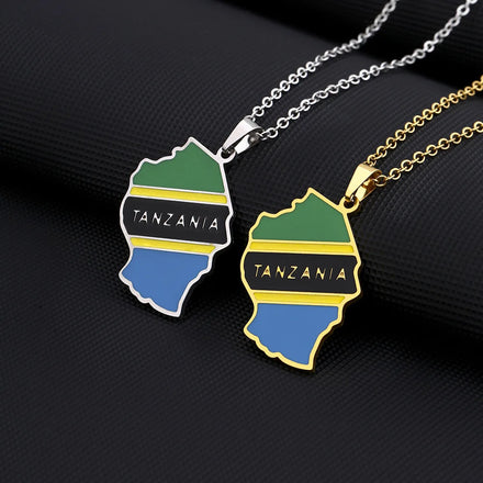 18K Gold Plated Stainless Steel Enameled Tanzania Flag Map Pendant Necklace with Link Chain Unique National Symbol Necklace