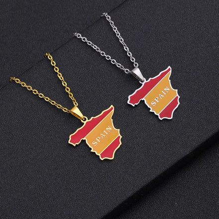 Enameled Spain Map Chain Necklaces Stainless Steel 18K Gold Plated Enamel Spain National Flag Map Pendant Necklace
