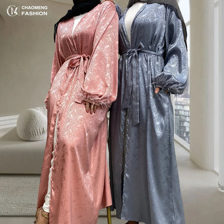 On Sale 9.9 Satin Material Pretty Pattern Loose Sleeves With Feather Cuff Elegant Cardigan Luxury New Muslim Abaya 1950#