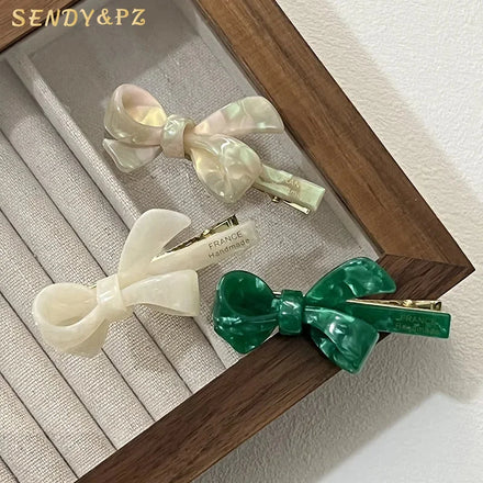 French Style Handmade Green Acetate Bow Hairpin Gold logo Sweet Gift Bowknot Hair Pins for Girls Hair Clip