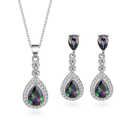 925 Sterling Silver Inlaid Water Drop Colorful Zircon Wedding Necklaces Earrings Set Women Fashion Custom Jewelry Set
