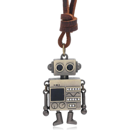 Hot Sale Antique Bronze Zinc Alloy Robot Pendant Necklace Trendy Genuine Leather Chains for Men Unisex Anniversary