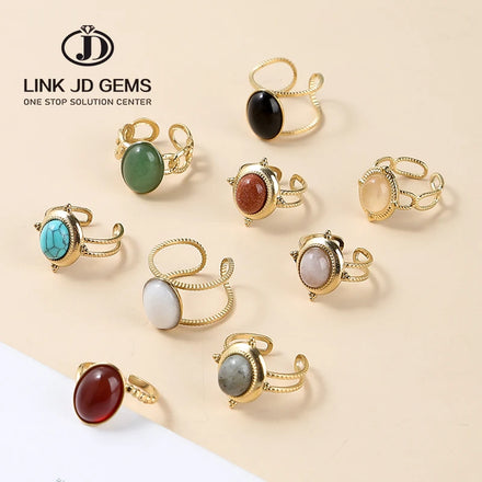 JD Wholesale Classic 18K Gold Plated Natural Gemstone Agate Jade Obsidian Stainless Steel Open Ring for Women Gift