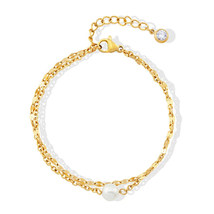 Fashion Ladies Jewelry Adjustable Stainless Steel PVD Gold Plated Double Chain Pearl Charm Bracelet