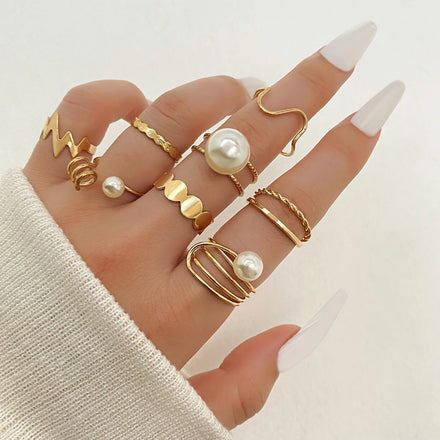 VKME New Women Jewelry 8Pcs Fashion Gold Plated Pearl Ring Set
