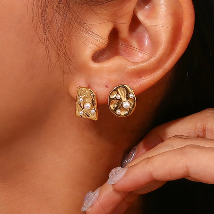 Dreamshow Vintage Hammered Pearl Stud Earrings Fashion Earring 2023 PVD Plated Stainless Steel Gold Plated Jewelry