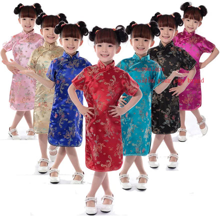 Ecowalson Short Sleeves Qipao for Girls Summer Floral Mini Dress Teenager Chinese Style Cheongsam Traditional Ethnic